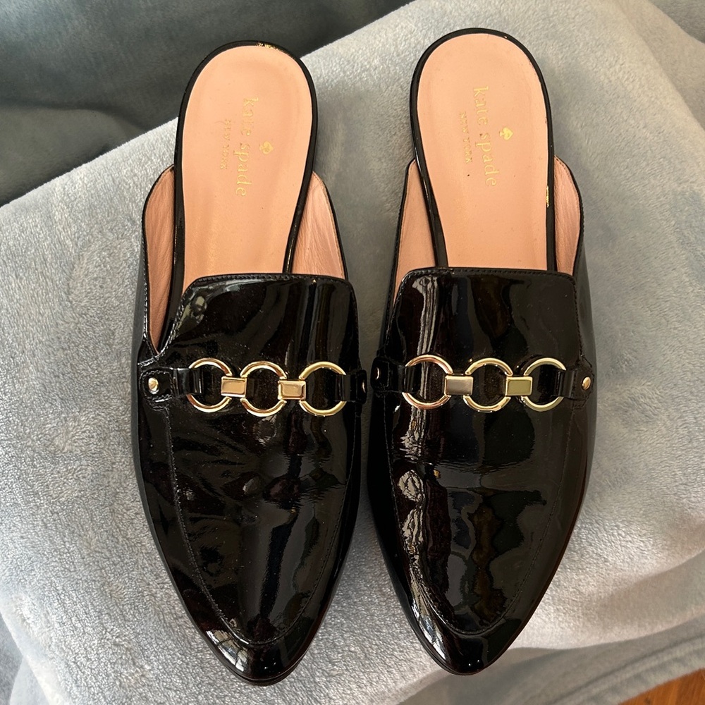 Kate Spade Black Patent Mules with Gold Chain - Picture 2 of 4